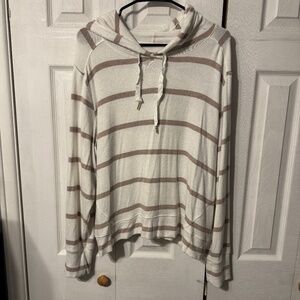 Sonoma Cream and Tan Striped Lightweight Hooded Sweater - Size XXL